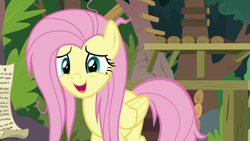 Size: 1920x1080 | Tagged: safe, screencap, fluttershy, pegasus, pony, g4, she talks to angel, cute, female, folded wings, mare, messy mane, shyabetes, solo, wings