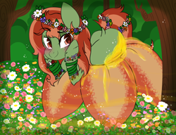 Size: 1440x1108 | Tagged: safe, artist:nomipolitan, oc, oc:withania nightshade, alraune, earth pony, original species, plant pony, pony, bedroom eyes, blushing, butt, dock, female, flower, flower in hair, hooves on cheeks, implied vore, looking at you, mare, nectar, plant, plot, solo, tail
