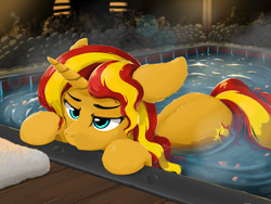 Size: 2048x1536 | Tagged: safe, artist:qzygugu, sunset shimmer, pony, unicorn, g4, bedroom eyes, female, floppy ears, hot springs, lidded eyes, mare, not fiery shimmer, relaxed, relaxing, sexy, solo, stupid sexy sunset shimmer, towel