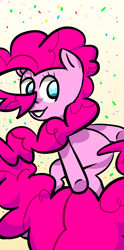 Size: 1280x2572 | Tagged: safe, artist:saltycube, pinkie pie, earth pony, pony, g4, blue eyes, confetti, cute, female, simple background, smiling, solo