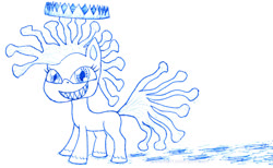 Size: 1300x801 | Tagged: safe, artist:umneem, oc, oc only, oc:corona chan, g4.5, my little pony: pony life, coronavirus, covid-19, crown, female, jewelry, lineart, mare, monochrome, regalia, sharp teeth, smiling, teeth