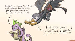 Size: 2204x1208 | Tagged: safe, artist:kam, gabby, spike, dragon, griffon, g4, bag, blushing, cute, dialogue, female, flying, frown, gabbybetes, glomp, incoming hug, male, older, pounce, raised eyebrow, reading, scroll, ship:spabby, shipping, simple background, smiling, spread wings, straight, text, white background, winged spike, wings