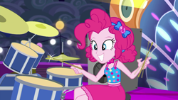 Size: 1920x1080 | Tagged: safe, screencap, pinkie pie, equestria girls, equestria girls series, g4, spring breakdown, spoiler:eqg series (season 2), all good (song), bow, clothes, cloud, collar, cymbals, dress, drum kit, drums, drumsticks, female, geode of sugar bombs, hair bow, heart, hi-hat, magical geodes, midriff, musical instrument, sitting, skirt, sleeveless, smiling, solo, stage, stereo