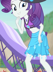 Size: 800x1080 | Tagged: safe, screencap, rarity, equestria girls, equestria girls specials, g4, my little pony equestria girls: better together, my little pony equestria girls: forgotten friendship, beach chair, beach hat, beach umbrella, belly button, bikini, bikini top, chair, clothes, cropped, cute, diamond, female, forest background, geode of shielding, hat, jewelry, laughing, legs, looking down, magical geodes, midriff, mountain, necklace, raribetes, rarity's blue sarong, rarity's purple bikini, sarong, skirt, sleeveless, smiling, solo, sun hat, swimsuit