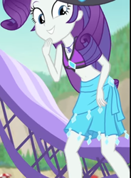 Size: 797x1080 | Tagged: safe, screencap, rarity, equestria girls, equestria girls specials, g4, my little pony equestria girls: better together, my little pony equestria girls: forgotten friendship, beach chair, beach hat, beach umbrella, belly button, bikini, bikini top, chair, clothes, cropped, cute, diamond, female, forest background, geode of shielding, hat, jewelry, laughing, legs, looking down, magical geodes, midriff, mountain, necklace, raribetes, rarity's blue sarong, rarity's purple bikini, sarong, sleeveless, smiling, solo, sun hat, swimsuit