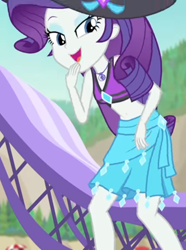 Size: 802x1080 | Tagged: safe, screencap, rarity, equestria girls, equestria girls specials, g4, my little pony equestria girls: better together, my little pony equestria girls: forgotten friendship, beach chair, beach hat, beach umbrella, belly button, bikini, bikini top, chair, clothes, cropped, cute, diamond, female, forest background, geode of shielding, hat, jewelry, legs, lidded eyes, looking down, magical geodes, midriff, mountain, necklace, open mouth, raribetes, rarity's blue sarong, rarity's purple bikini, sarong, sleeveless, smiling, solo, sun hat, swimsuit