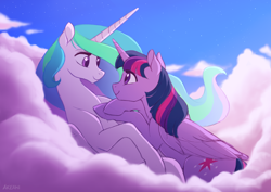 Size: 1280x905 | Tagged: safe, artist:akeahi, princess celestia, twilight sparkle, alicorn, pony, g4, cloud, duo, eye contact, female, folded wings, lesbian, looking at each other, looking at someone, mare, on a cloud, on back, on top, ship:twilestia, shipping, smiling, smiling at each other, twilight sparkle (alicorn), wings