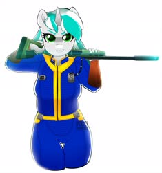 Size: 1800x1913 | Tagged: safe, artist:pixelbombpop, oc, oc only, oc:minty wubs, unicorn, anthro, clothes, fallout, green eyes, gun, jumpsuit, rifle, simple background, solo, supressor, thigh gap, vault suit, weapon, white background