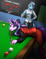 Size: 2527x3238 | Tagged: safe, artist:mykegreywolf, starlight glimmer, trixie, unicorn, anthro, g4, billiard ball, billiards, bowtie, clothes, commissioner:citizenwolf, competition, concentrating, cue ball, duo, eyebrows, eyelashes, eyes on the prize, female, high res, implied lesbian, implied shipping, implied startrix, leaning, leaning forward, leaning on table, looking at butt, mare, pool cue, pool table, scoreboard, thigh gap, vest