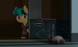 Size: 1470x898 | Tagged: safe, artist:shinodage, oc, oc only, oc:apogee, headcrab, pegasus, pony, clothes, crossover, dialogue, eye clipping through hair, female, filly, freckles, half-life, solo, speech bubble, this will end in death, this will end in tears, this will end in tears and/or death, this will end in zombies, waving