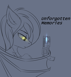 Size: 2777x3000 | Tagged: safe, artist:snowstormbat, oc, oc only, oc:midnight snowstorm, bat pony, pony, destiny (video game), glowing eyes, gun, high res, looking down, male, simple background, sketch, solo, stallion, text, weapon