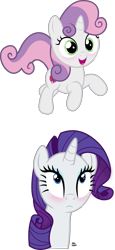 Size: 1537x3330 | Tagged: safe, artist:anime-equestria, rarity, sweetie belle, pony, unicorn, g4, belle sisters, blushing, cute, duo, female, filly, happy, jumping, looking up, mare, simple background, transparent background, vector