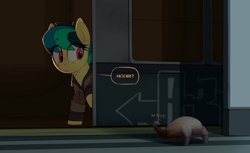 Size: 1470x898 | Tagged: safe, artist:shinodage, edit, oc, oc only, oc:apogee, headcrab, pegasus, pony, clothes, crossover, dialogue, eye clipping through hair, female, freckles, half-life, mare, nostrils edit, shinose, solo, speech bubble, this will end in death, this will end in tears, this will end in tears and/or death, waving
