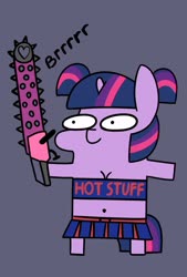 Size: 1181x1748 | Tagged: safe, artist:underpable, twilight sparkle, unicorn, anthro, g4, arm hooves, belly button, bipedal, breasts, chainsaw, cheerleader, cheerleader outfit, cleavage, clothes, female, gray background, i can't believe it's not jargon scott, juliet starling, lollipop chainsaw, midriff, pigtails, simple background, skirt, smiling, solo, tara strong, twiggie, twintails, voice actor joke, woonoggles
