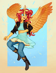 Size: 1700x2200 | Tagged: safe, artist:cuttledreams, sunset shimmer, human, equestria girls, g4, alicornified, clothes, curved horn, female, horn, horned humanization, humanized, race swap, shimmercorn, solo, winged humanization, wings