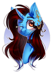 Size: 941x1296 | Tagged: safe, artist:paintpalet35, oc, oc only, pony, unicorn, bust, choker, female, one eye closed, simple background, solo, transparent background, wink
