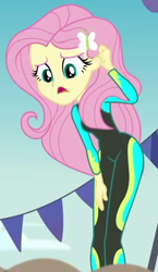 Size: 390x671 | Tagged: safe, screencap, fluttershy, equestria girls, g4, my little pony equestria girls: better together, too hot to handle, clothes, cropped, female, fluttershy's wetsuit, solo, swimsuit, wetsuit