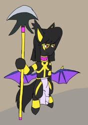 Size: 1451x2048 | Tagged: safe, artist:omegapony16, oc, oc only, oc:oriponi, bat pony, pony, bat pony oc, bat wings, bipedal, bodypaint, female, guard, loincloth, mare, solo, spread wings, weapon, wings
