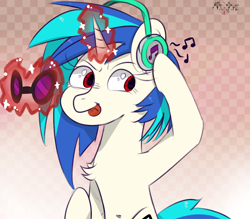 Size: 4000x3500 | Tagged: safe, artist:mjsw, dj pon-3, vinyl scratch, pony, unicorn, g4, female, headphones, magic, mare, mlem, music notes, silly, solo, tongue out, wrong eye color