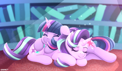 Size: 3600x2100 | Tagged: safe, artist:rivin177, starlight glimmer, twilight sparkle, alicorn, pony, unicorn, g4, cute, duo, eyes closed, female, glimmerbetes, high res, lesbian, library, lying down, lying on top of someone, mare, on floor, on the floor, pony pillow, prone, ship:twistarlight, shipping, sleeping, smiling, twiabetes, twilight sparkle (alicorn), twilight's castle, twilight's castle library