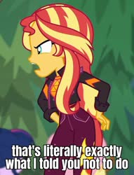Size: 697x912 | Tagged: safe, edit, edited screencap, screencap, applejack, fluttershy, sci-twi, sunset shimmer, twilight sparkle, equestria girls, equestria girls specials, g4, my little pony equestria girls: better together, my little pony equestria girls: sunset's backstage pass, angry, caption, clothes, cropped, female, image macro, jacket, meme, open mouth, outdoors, reaction image, solo focus, text