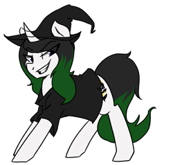 Size: 683x649 | Tagged: artist needed, safe, oc, oc:vex vixen, pony, unicorn, clothes, costume, evil grin, grin, hat, smiling, witch, witch hat