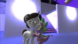 Size: 1024x575 | Tagged: safe, alternate version, artist:undeadponysoldier, raven, spike, dragon, pony, unicorn, g4, 3d, female, gmod, hug, male, mare, ship:ravenspike, shipping, spikelove, stairs, straight
