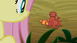 Size: 1920x1080 | Tagged: safe, screencap, fluttershy, fire lizard, gecko, lizard, pony, g4, she talks to angel, female, mare, pointing at self