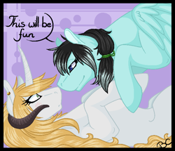 Size: 694x597 | Tagged: safe, artist:theblackcatstale, oc, oc only, oc:july winters, oc:velvet delilah, demon, demon pony, original species, pegasus, pony, abstract background, duo, eyelashes, looking at each other, on back, speech, wide eyes, ych result