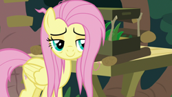 Size: 1920x1080 | Tagged: safe, screencap, fluttershy, pegasus, pony, g4, she talks to angel, bags under eyes, female, folded wings, lidded eyes, mare, messy mane, messy tail, smiling, solo, tired smile, wings
