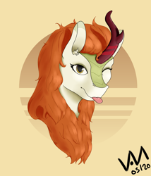Size: 2700x3150 | Tagged: safe, artist:0-van-0, autumn blaze, kirin, g4, :p, ear fluff, female, high res, horn, looking at you, one eye closed, simple background, solo, tongue out, wink, winking at you