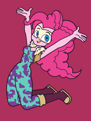 Size: 1650x2200 | Tagged: safe, artist:khuzang, pinkie pie, equestria girls, g4, armpits, boots, clothes, commission, commissioner:imperfectxiii, cosplay, costume, crossover, female, jumping, looking at you, mask, mina ashido, my hero academia, shoes, simple background, smiling, solo, spandex