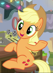 Size: 525x722 | Tagged: safe, screencap, applejack, earth pony, pony, g4, mystery voice, applejack's hat, cheerful, cowboy hat, cropped, cute, cutie mark, female, hat, hooves on the table, jackabetes, mare, open mouth, ponytail, raised hoof, sitting, smiling, solo, stetson, waving