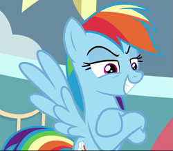 Size: 823x721 | Tagged: safe, screencap, rainbow dash, pegasus, pony, triple pony dare ya, amused, condescending, cropped, crossed arms, crossed hooves, faic, female, flying, grin, lidded eyes, looking down, mare, mocking, multicolored mane, multicolored tail, narrowed eyes, raised eyebrows, smiling, smirk, smug, smugdash, snark, solo, spread wings, wings