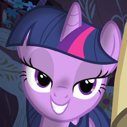 Size: 670x670 | Tagged: safe, screencap, twilight sparkle, pony, unicorn, g4, owl's well that ends well, bedroom eyes, cropped, female, golden oaks library, lidded eyes, mare, smiling, unicorn twilight