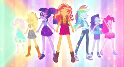 Size: 1899x1022 | Tagged: safe, screencap, applejack, fluttershy, pinkie pie, rainbow dash, rarity, sci-twi, sunset shimmer, twilight sparkle, cheer you on, equestria girls, g4, my little pony equestria girls: better together, applejack's hat, boots, bowtie, clothes, converse, cowboy boots, cowboy hat, eyes closed, geode of empathy, geode of fauna, geode of shielding, geode of sugar bombs, geode of super speed, geode of super strength, geode of telekinesis, glasses, hairpin, hat, high heels, hoodie, humane five, humane seven, humane six, jacket, leather, leather jacket, magical geodes, open mouth, ponytail, sandals, shoes, tank top, transformation, transformation sequence