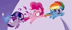 Size: 1390x584 | Tagged: safe, pinkie pie, rainbow dash, twilight sparkle, alicorn, earth pony, pegasus, pony, g4.5, my little pony: pony life, book, trio, twilight sparkle (alicorn)