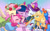 Size: 500x306 | Tagged: safe, artist:kkmrarar, applejack, fluttershy, pinkie pie, rainbow dash, rarity, twilight sparkle, alicorn, earth pony, pegasus, pony, unicorn, g4, magical mystery cure, big crown thingy, clothes, coronation dress, crown, cute, dress, element of magic, eyes closed, female, floral head wreath, flower, hat, jewelry, mane six, mare, open mouth, regalia, scene interpretation, smiling, twilight sparkle (alicorn)