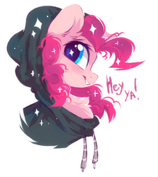 Size: 748x837 | Tagged: safe, artist:mirtash, pinkie pie, pony, g4, bust, chest fluff, clothes, cute, diapinkes, ear fluff, female, hoodie, mare, portrait, profile, simple background, smiling, solo, white background