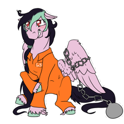 Size: 1028x1030 | Tagged: safe, artist:awesomewaffle11, oc, oc only, oc:galactic lights, pegasus, pony, ball and chain, chained, chains, clothes, grin, nervous, nervous smile, prison outfit, prisoner, simple background, smiling, solo, transparent background, wings