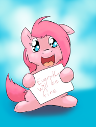 Size: 1536x2048 | Tagged: safe, artist:fluffsplosion, oc, oc only, fluffy pony, pony, cheek fluff, floppy ears, fluffy, gradient background, happy, hoof hold, leg fluff, looking at you, neck fluff, open mouth, sign, smiling, solo