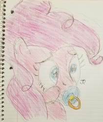 Size: 1944x2300 | Tagged: safe, artist:joeydr, pinkie pie, earth pony, pony, g4, female, lined paper, mare, pacifier, signature, simple background, solo, traditional art