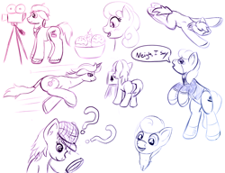 Size: 1300x1000 | Tagged: safe, artist:redquoz, oc, earth pony, pony, unicorn, beret, clothes, colt, confused, deerstalker, detective, drawpile, earth pony oc, easel, extreme perspective, film camera, flop, food, galloping, happy, hat, hooves, horn, ice cream, magnifying glass, male, monocle, posh, sketch, sketch dump, spats, stallion, suit, unicorn oc