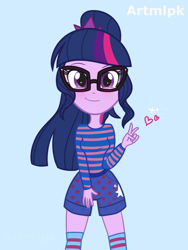 Size: 1536x2048 | Tagged: safe, artist:artmlpk, sci-twi, twilight sparkle, equestria girls, g4, adorable face, adorkable, alternate design, blue background, blushing, clothes, cute, digital art, dork, female, looking at you, peace sign, ponytail, shorts, simple background, smiling, smiling at you, solo, twiabetes, vector