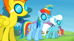 Size: 1280x720 | Tagged: safe, screencap, fleetfoot, peachy swoop, rainbow dash, spitfire, pegasus, pony, g4, rainbow falls, female, folded wings, goggles, wings