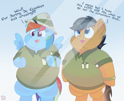 Size: 1910x1549 | Tagged: safe, artist:rainbow eevee, quibble pants, rainbow dash, earth pony, pegasus, pony, g4, belly, belly button, bhm, big belly, bipedal, chubby, clothes, cosplay, costume, cute, dashabetes, dialogue, duo, fat, female, hat, implied daring do, looking down, male, mare, mirror, open mouth, rainblob dash, ship:quibbledash, shipping, spread wings, stallion, straight, wings, wobble pants