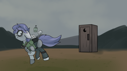 Size: 1920x1080 | Tagged: safe, artist:triplesevens, oc, oc only, oc:triple sevens, pony, unicorn, outhouse, post-apocalyptic, running, solo, stealing, toilet paper
