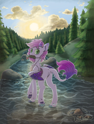 Size: 1568x2048 | Tagged: safe, artist:ladichuma, oc, oc only, fish, pegasus, pony, cloud, female, forest, horns, mare, mouth hold, river, rock, solo, tree