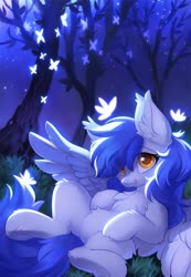Size: 888x1280 | Tagged: safe, alternate version, artist:hioshiru, oc, oc only, oc:gabriel, pegasus, pony, g4, cheek fluff, chest fluff, colored pupils, cute, cute little fangs, ear fluff, explicit source, fangs, female, fluffy, forest, frog (hoof), human shoulders, looking at you, mare, pegasus oc, sfw version, solo, spread wings, underhoof, wings