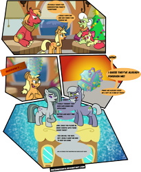 Size: 1615x1966 | Tagged: safe, artist:sneshneeorfa, apple bloom, applejack, big macintosh, granny smith, limestone pie, marble pie, hearthbreakers, attempted murder, bonk, book, comic, gift wrapped, implied marblemac, implied murder, implied shipping, implied straight, rock, scene interpretation, simple background, transparent background, wrapping paper